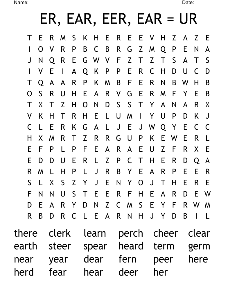 ER, EAR, EER, EAR = UR Word Search