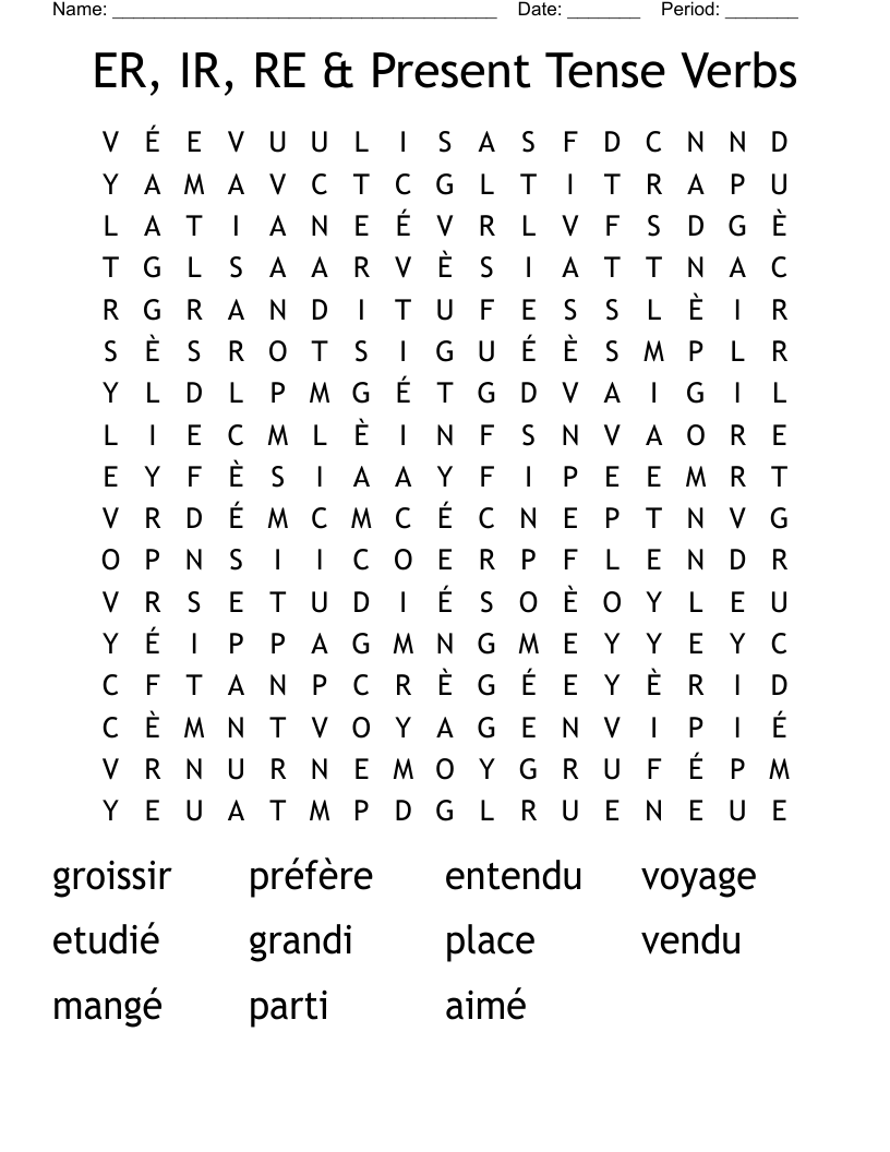 ER, IR, RE & Present Tense Verbs Word Search
