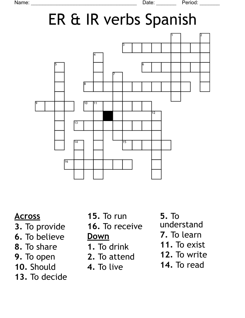 ER & IR verbs Spanish  Crossword