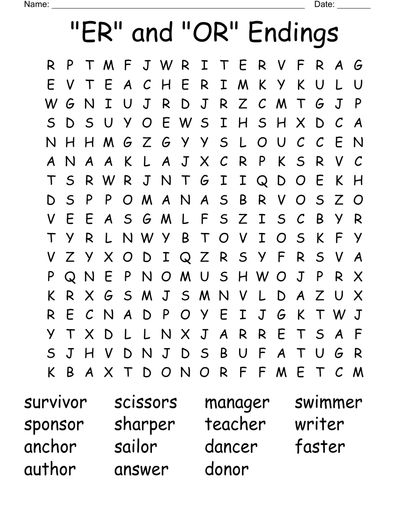"ER" and "OR" Endings Word Search