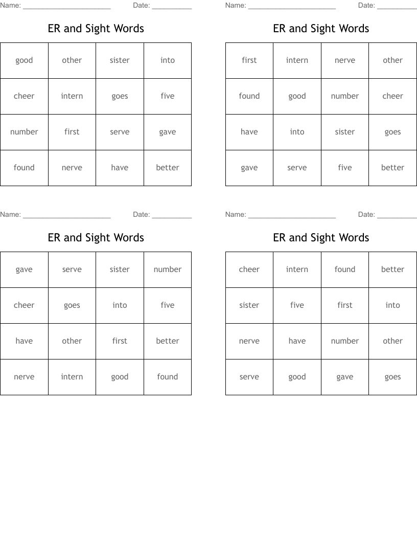 ER and Sight Words Bingo Cards