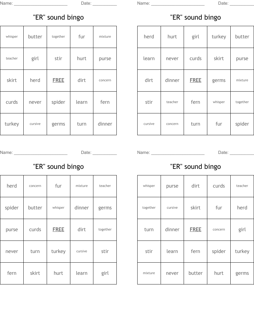 "ER" sound bingo