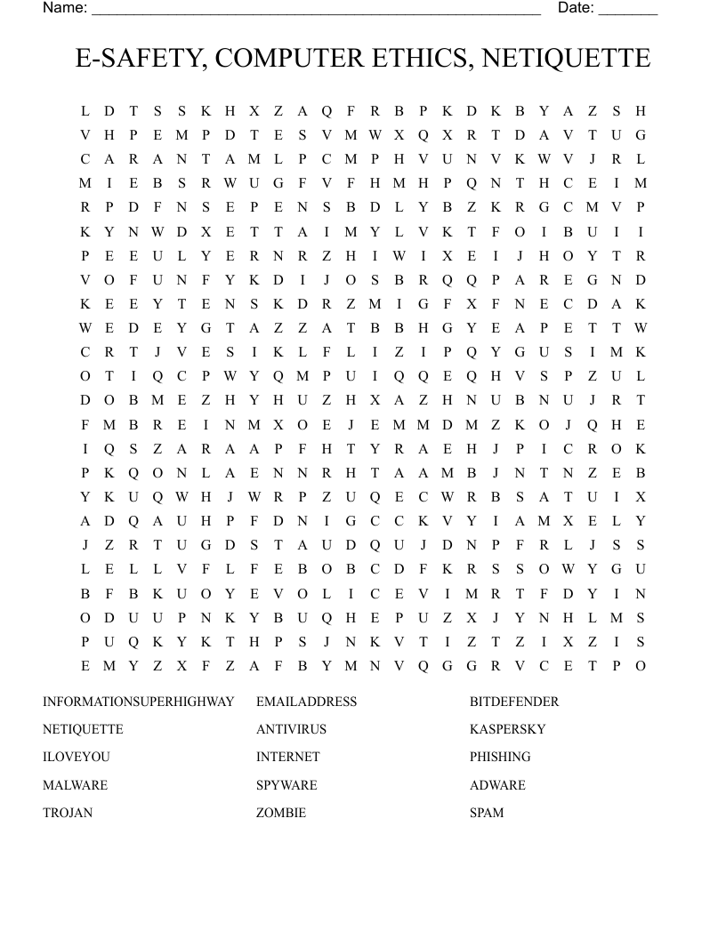 E-SAFETY, COMPUTER ETHICS, NETIQUETTE Word Search