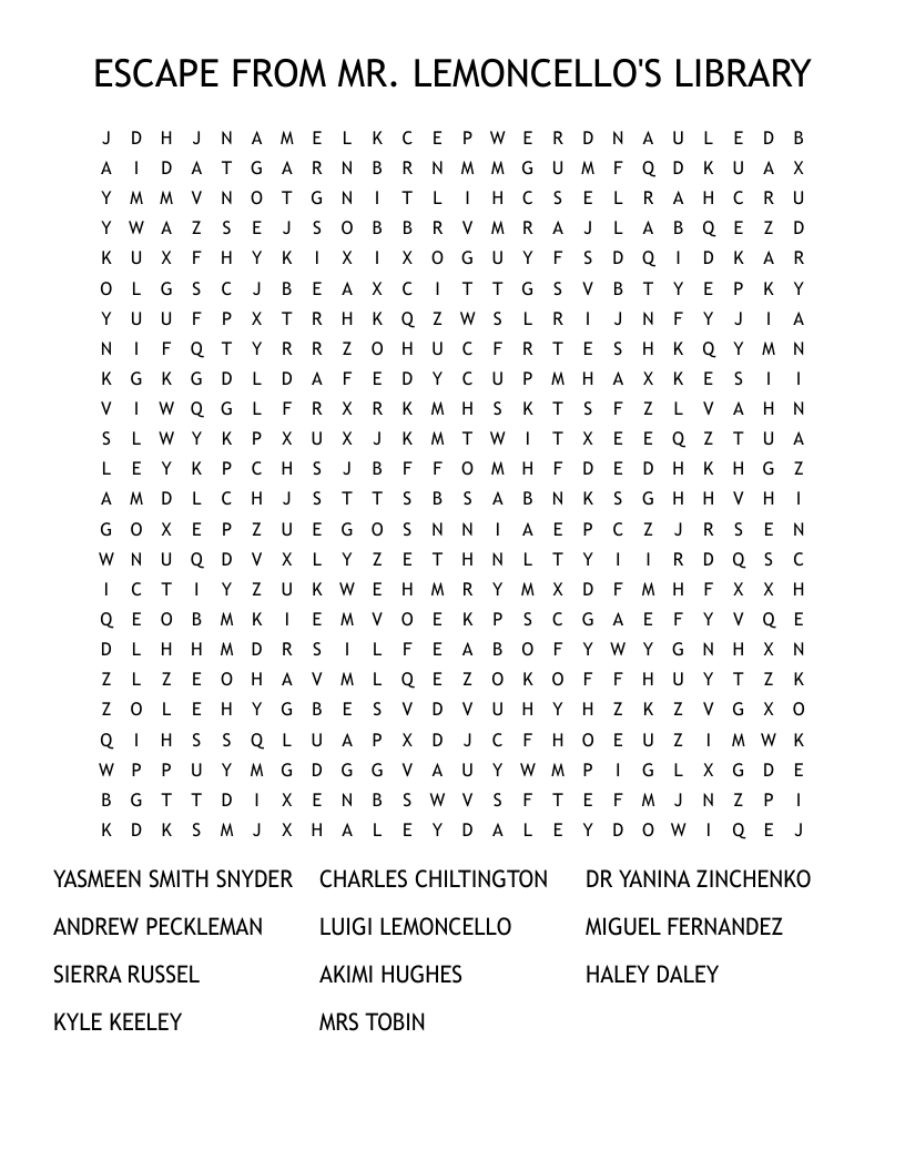 ESCAPE FROM MR. LEMONCELLO'S LIBRARY Word Search