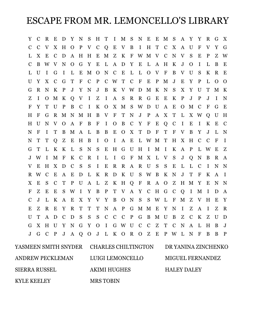 ESCAPE FROM MR. LEMONCELLO'S LIBRARY Word Search