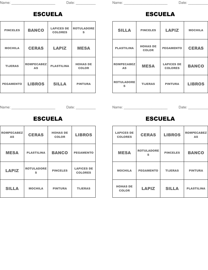 ESCUELA Bingo Cards
