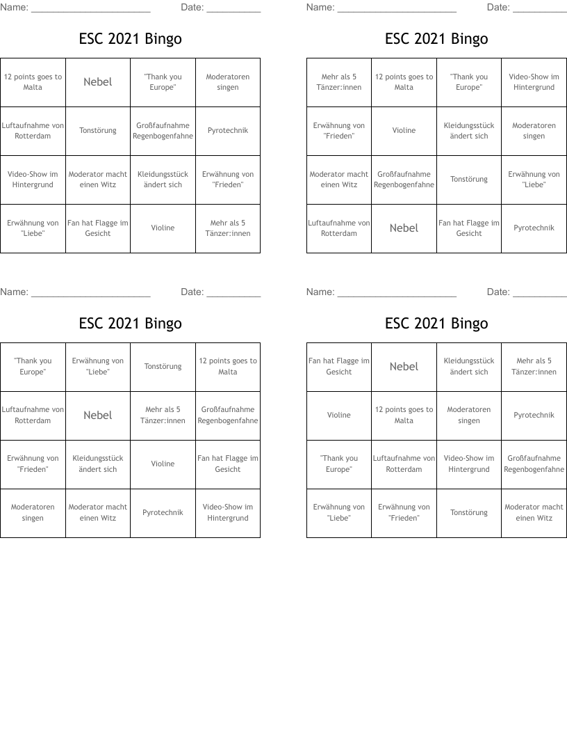 ESC 2021 Bingo