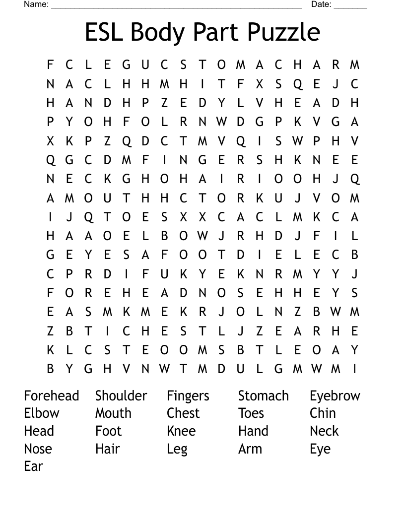 ESL Body Part Puzzle Word Search