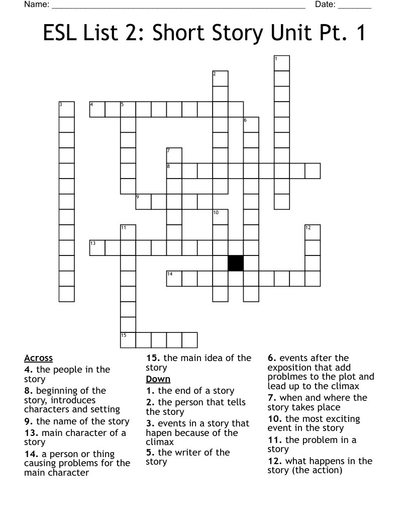 ESL List 2: Short Story Unit Pt. 1 Crossword