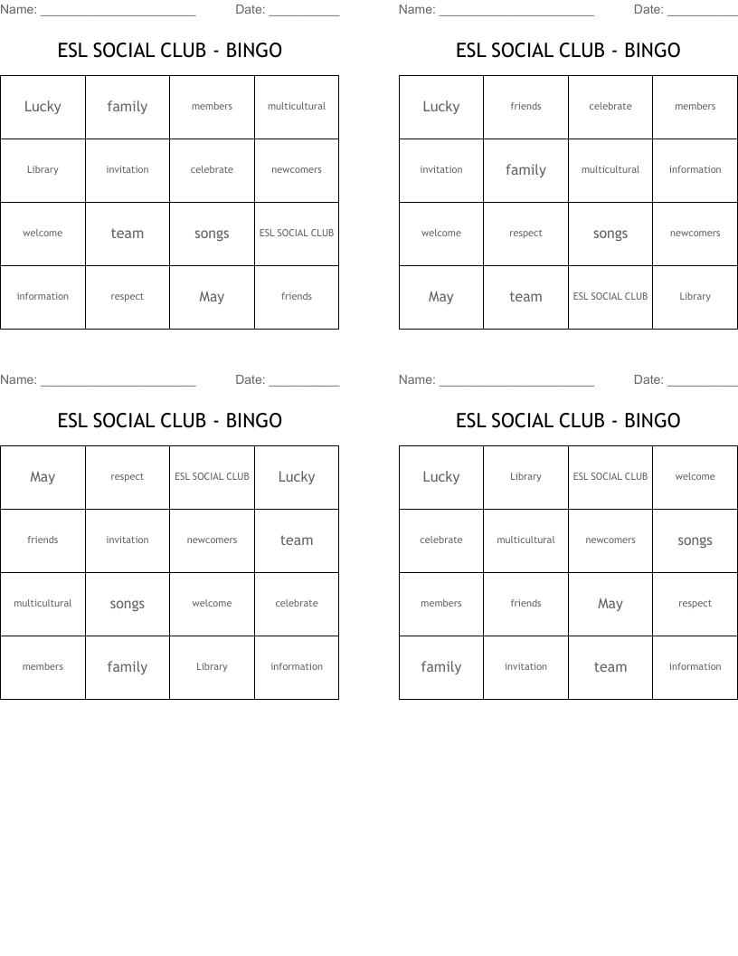 ESL SOCIAL CLUB - BINGO