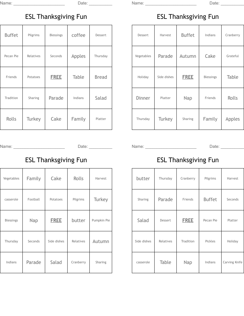 ESL Thanksgiving Fun Bingo Cards