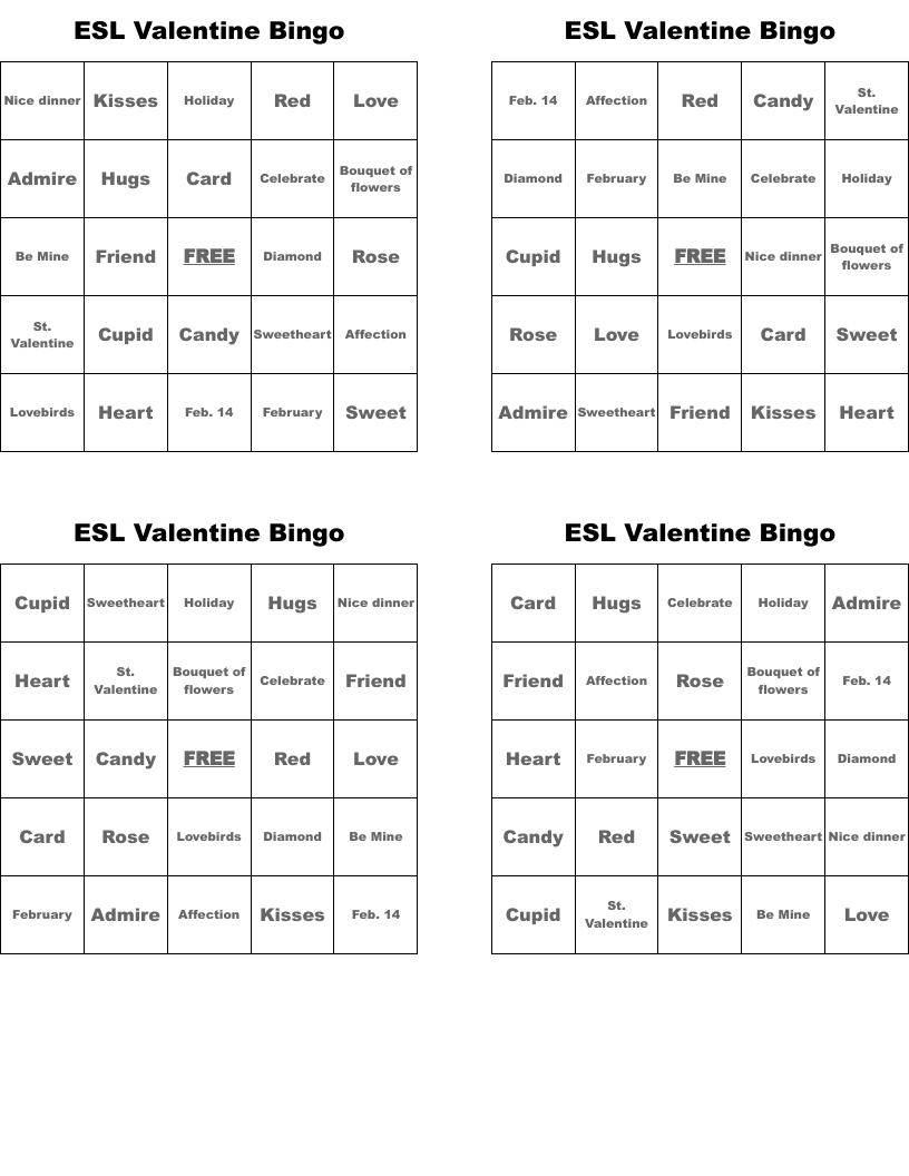 ESL Valentine Bingo