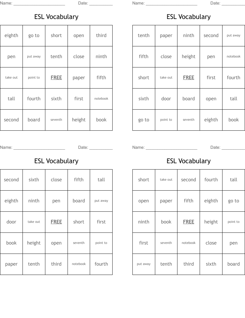 ESL Vocabulary Bingo Cards