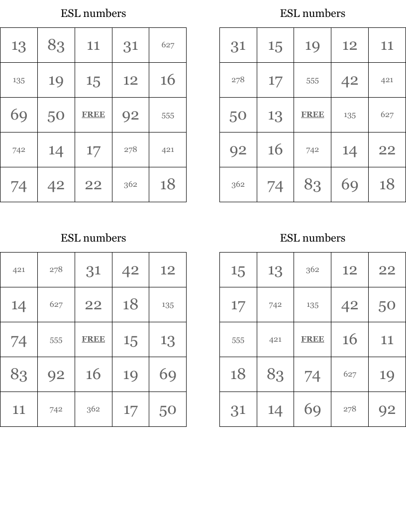 ESL numbers Bingo Cards