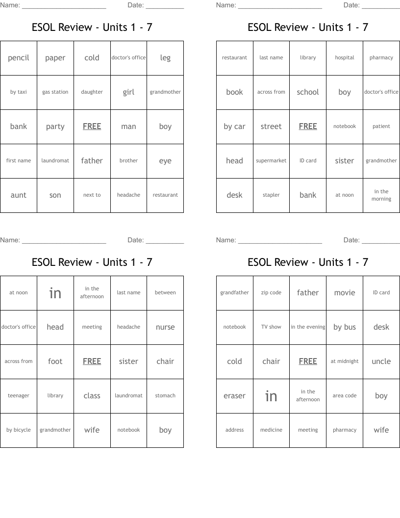 ESOL Review - Units 1 - 7 Bingo Cards