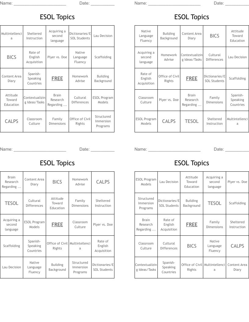 ESOL Topics Bingo Cards