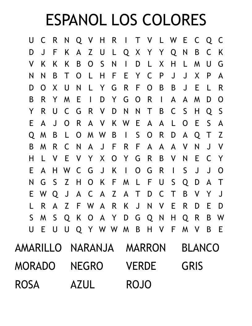 ESPANOL LOS COLORES Word Search