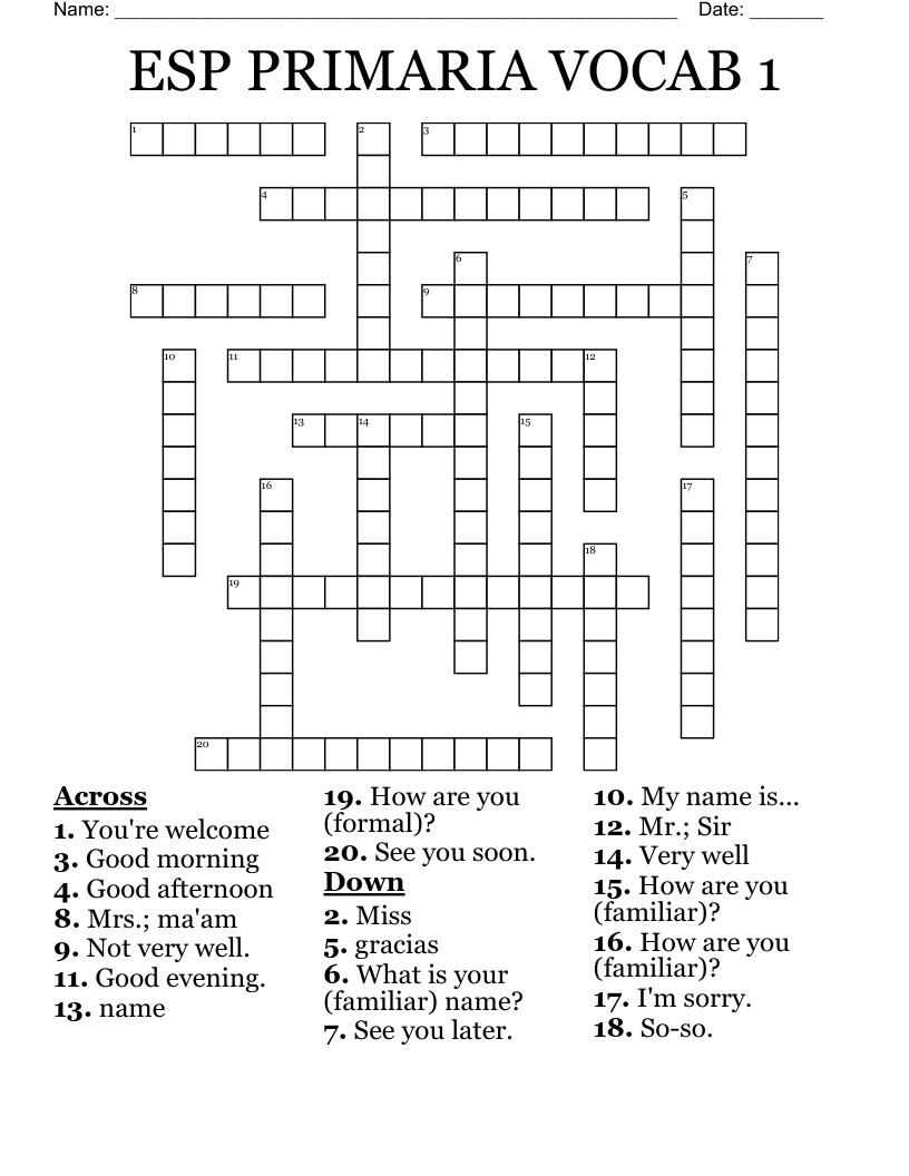ESP PRIMARIA VOCAB 1 Crossword