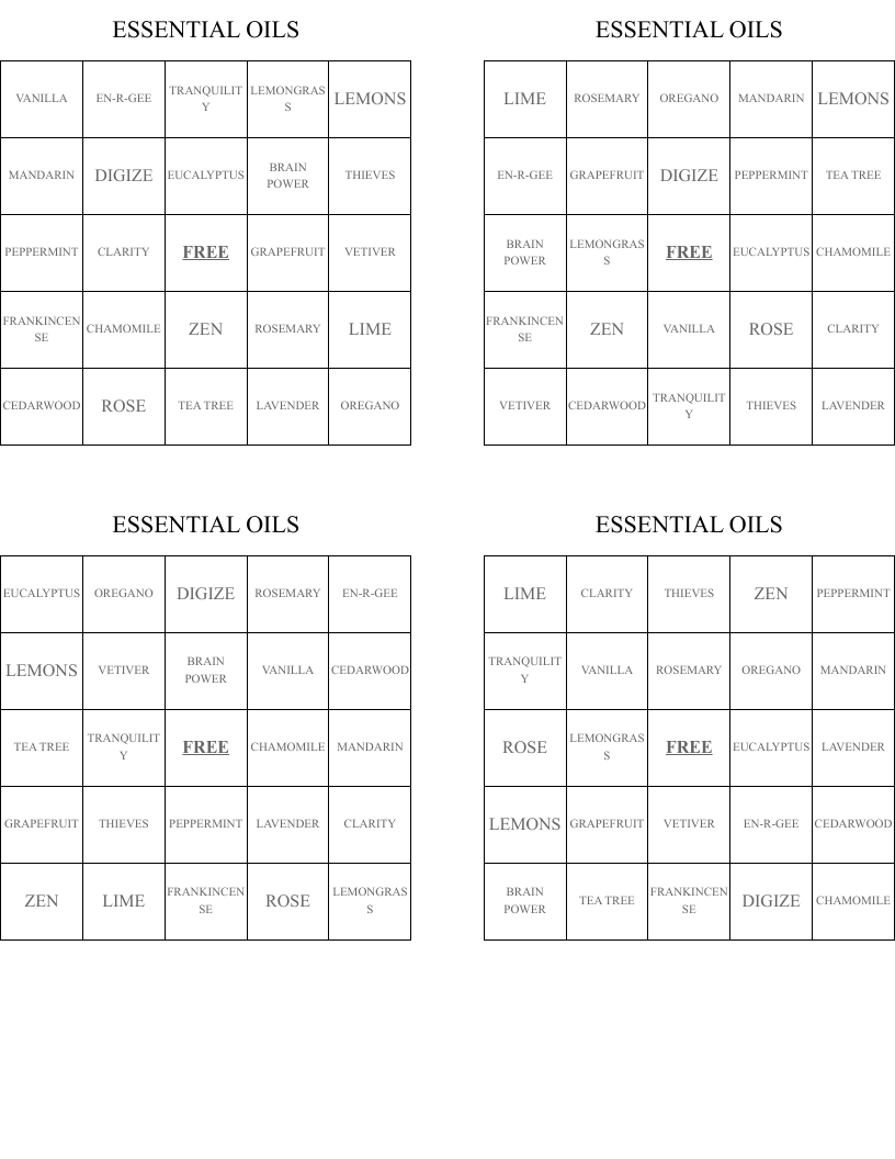 ESSENTIAL OILS Bingo Cards