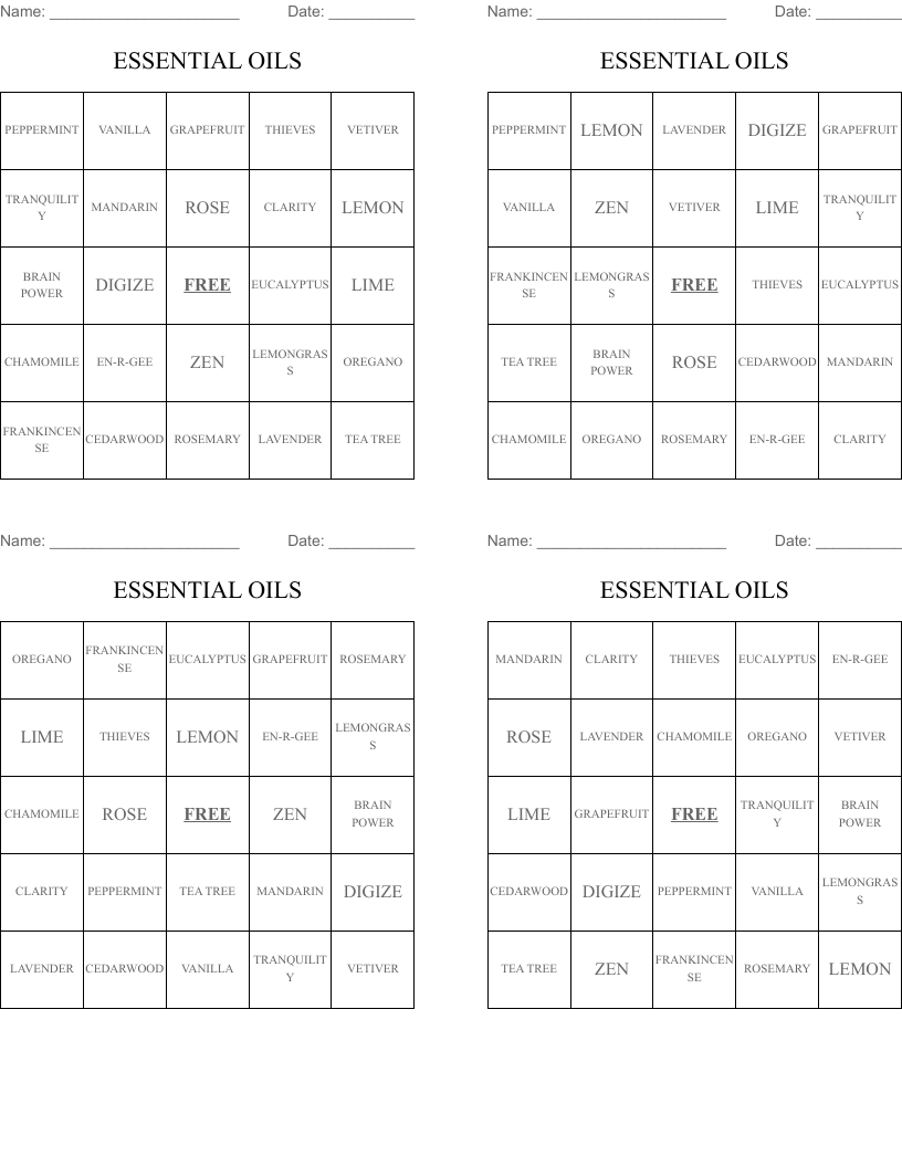 ESSENTIAL OILS Bingo Cards