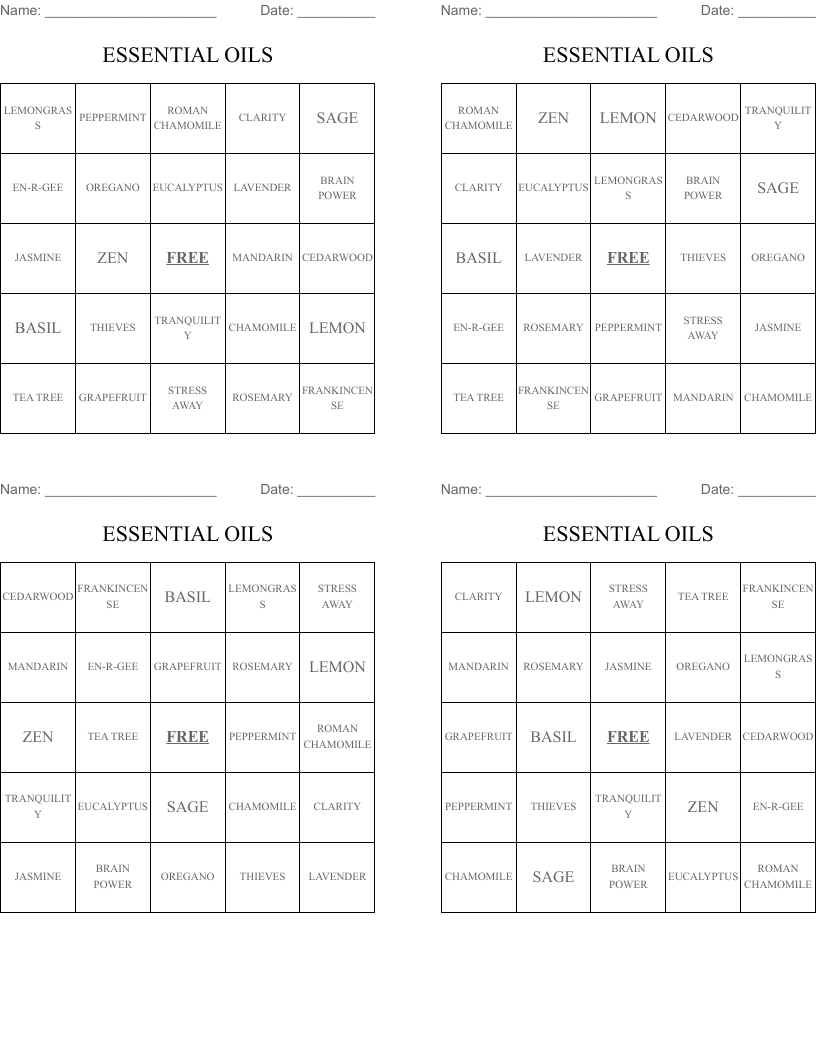 ESSENTIAL OILS  Bingo Cards