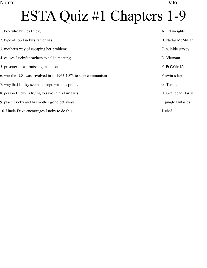 ESTA Quiz #1 Chapters 1-9 Worksheet