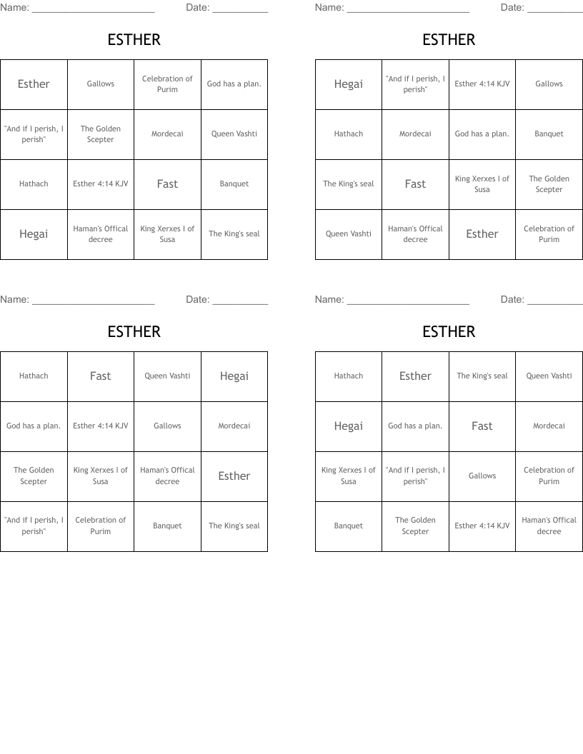 ESTHER Bingo Cards