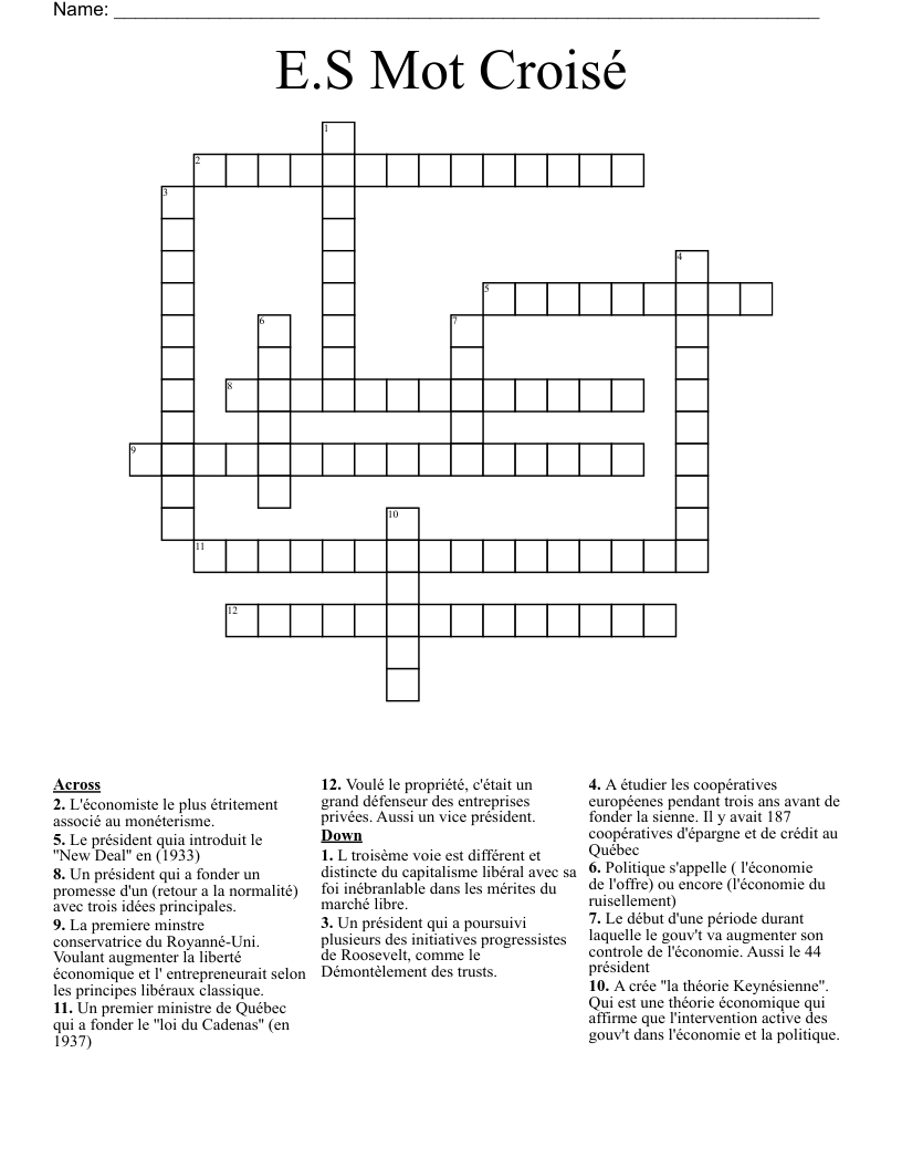 E.S Mot Croisé Crossword