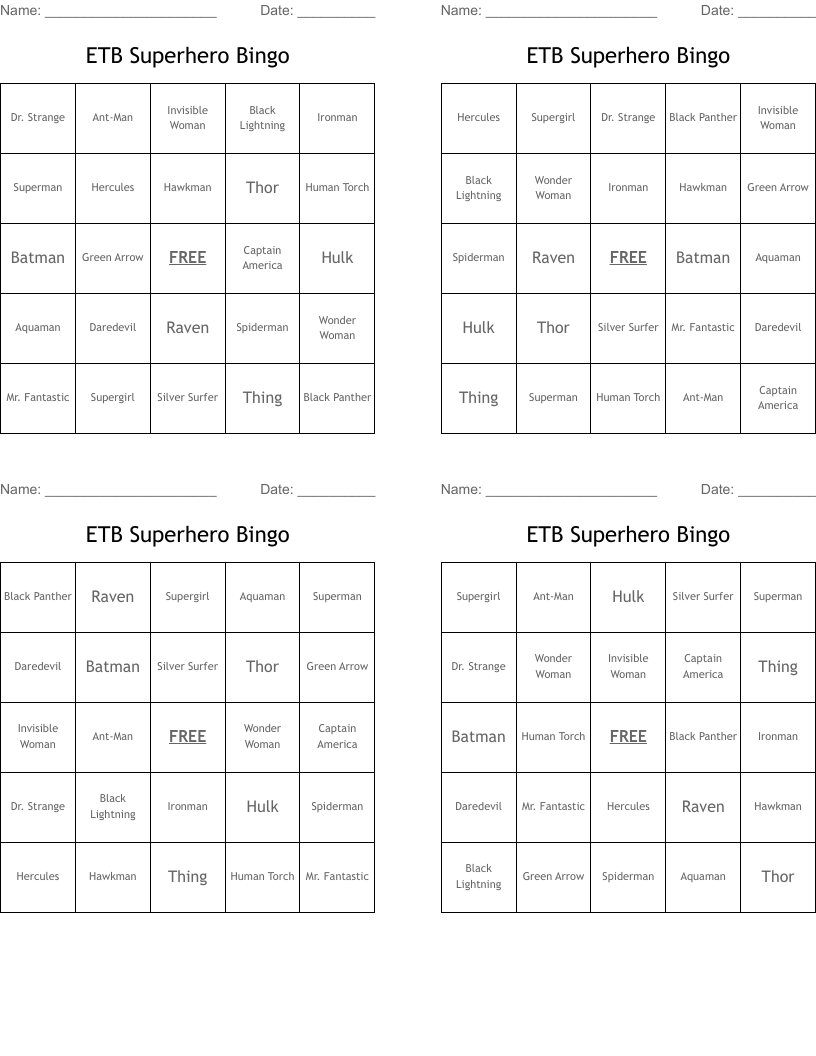ETB Superhero Bingo