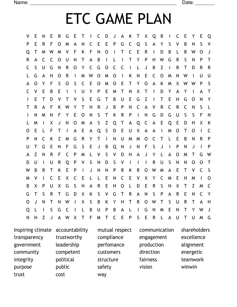 ETC GAME PLAN Word Search