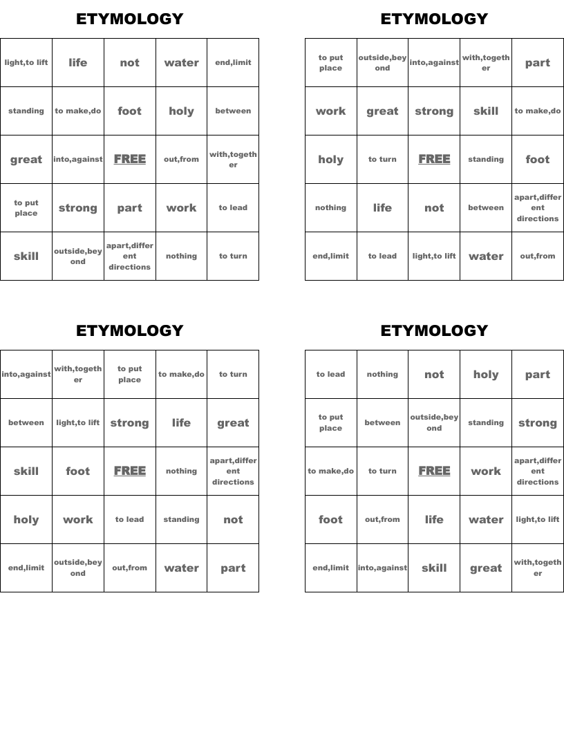 ETYMOLOGY Bingo Cards
