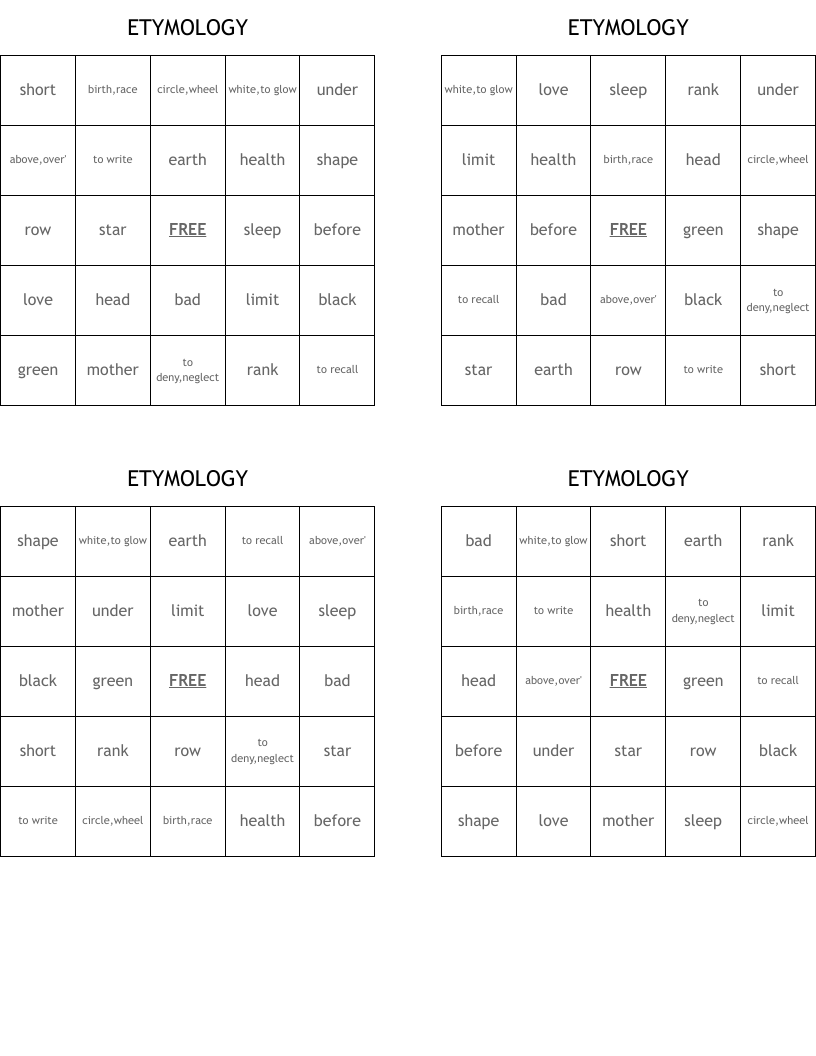 ETYMOLOGY Bingo Cards