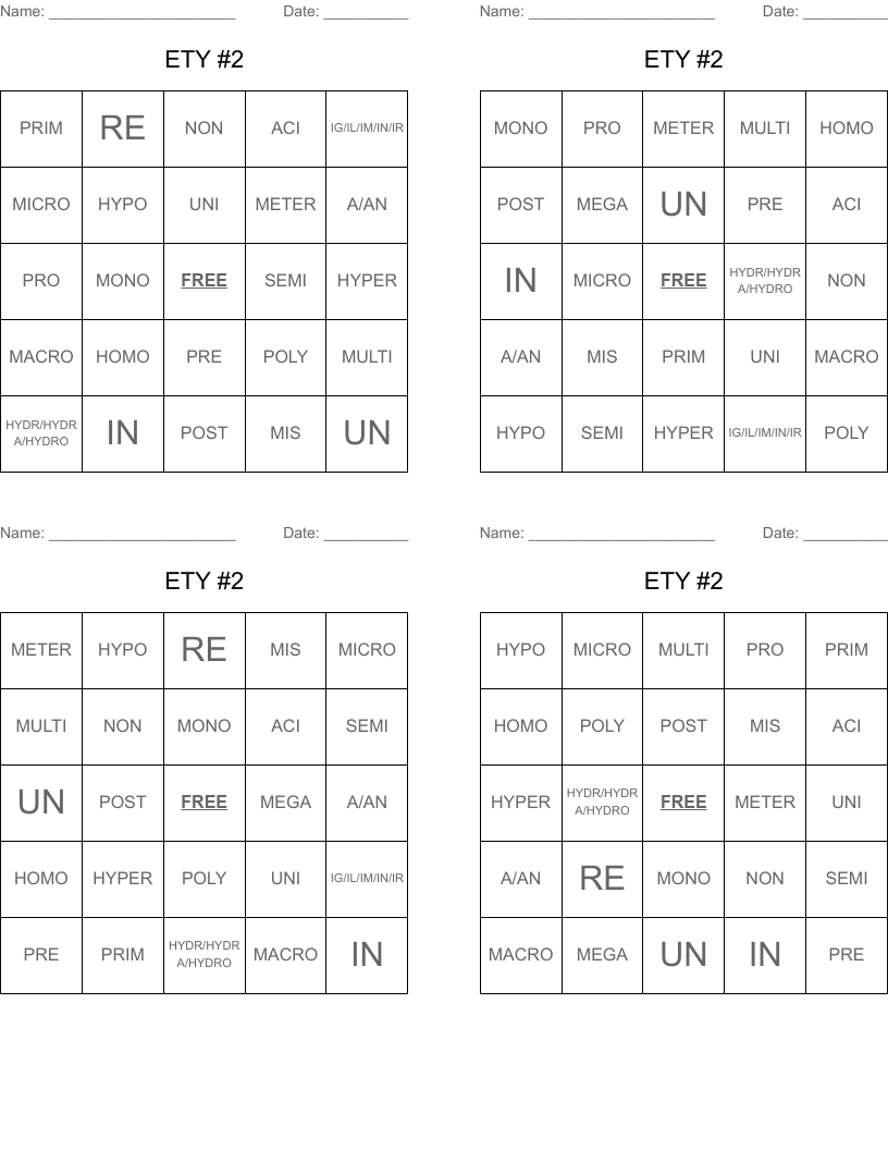 ETY #2 Bingo Cards