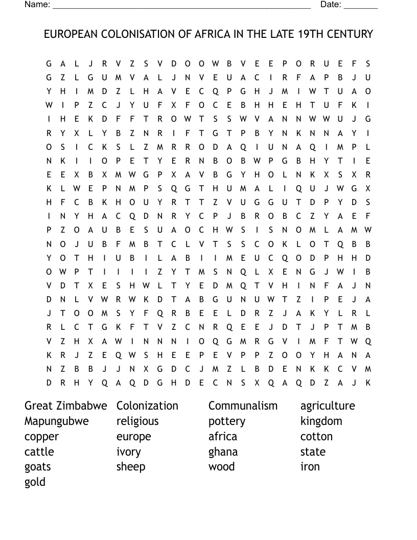 EUROPEAN COLONISATION OF AFRICA IN THE LATE 19TH CENTURY Word Search