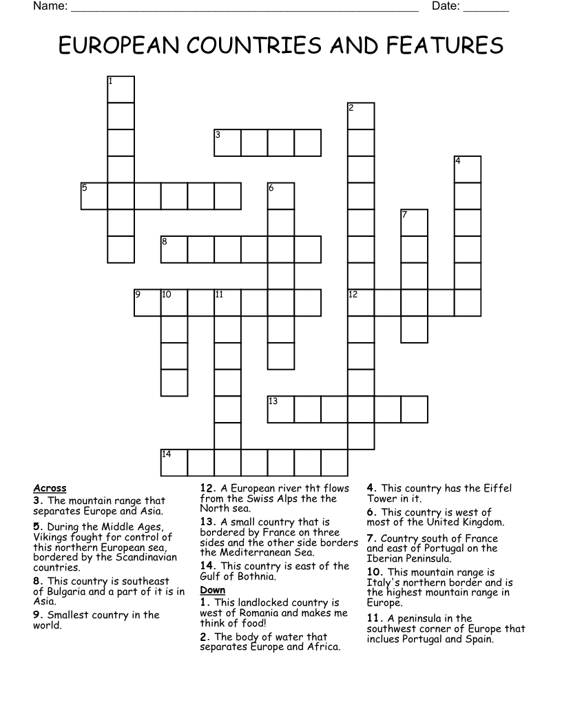 EUROPEAN COUNTRIES AND FEATURES Crossword