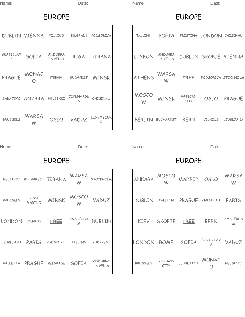 EUROPE Bingo Cards
