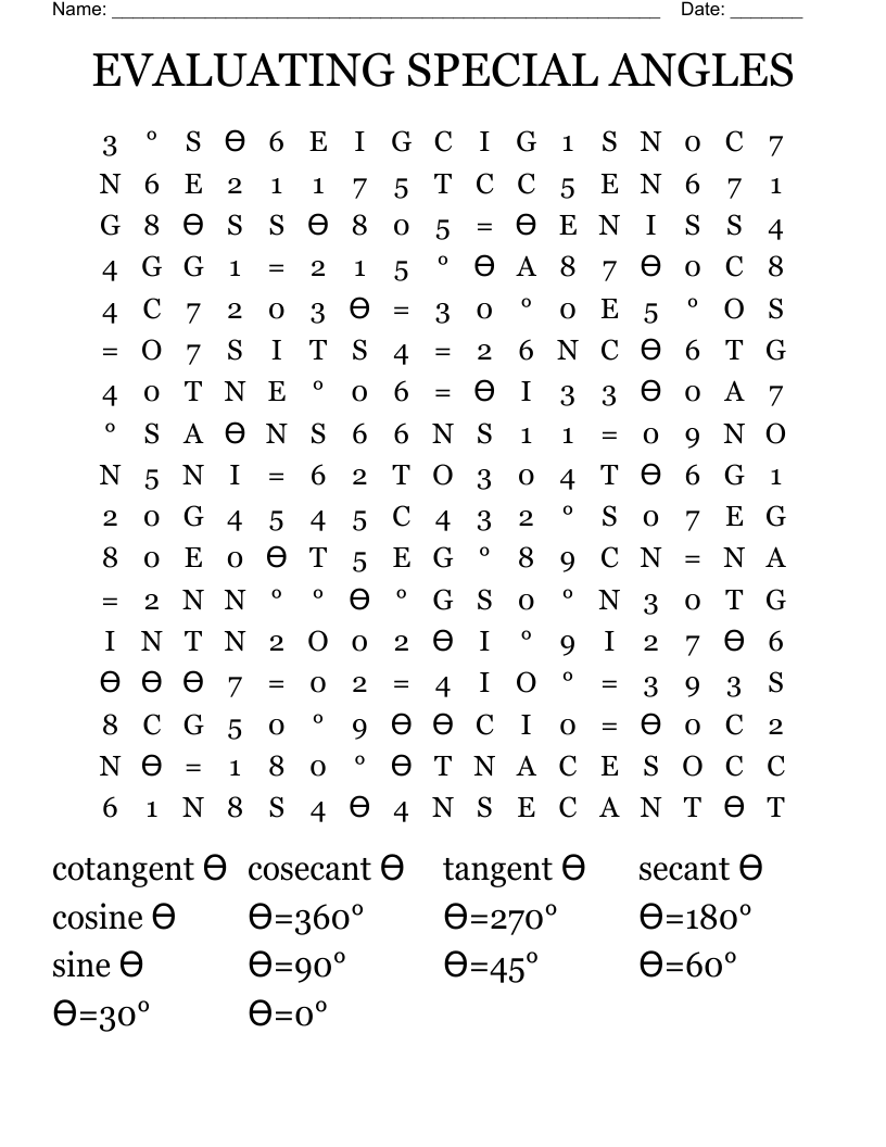 EVALUATING SPECIAL ANGLES Word Search
