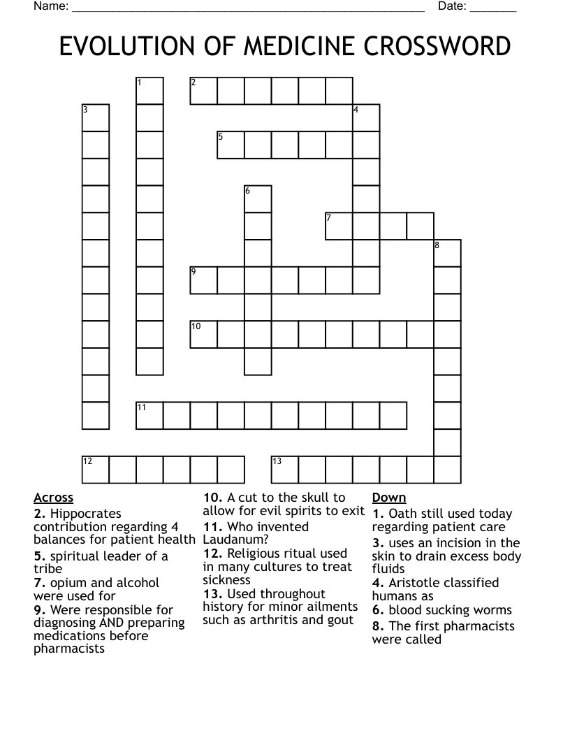 EVOLUTION OF MEDICINE CROSSWORD