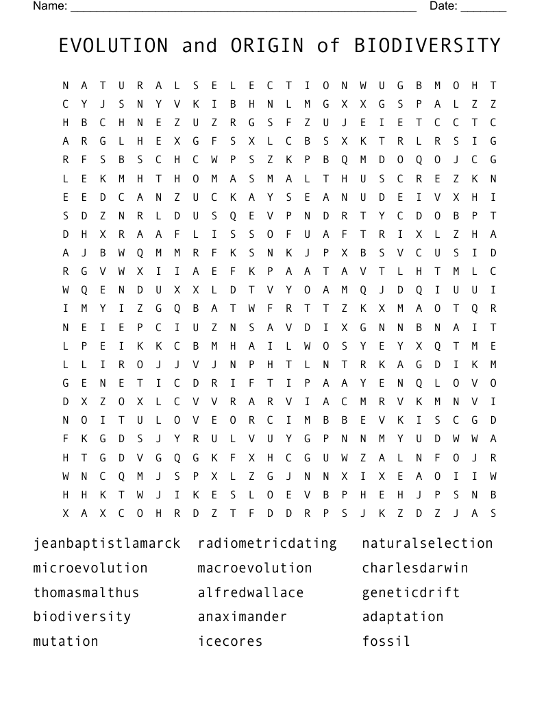 EVOLUTION and ORIGIN of BIODIVERSITY Word Search