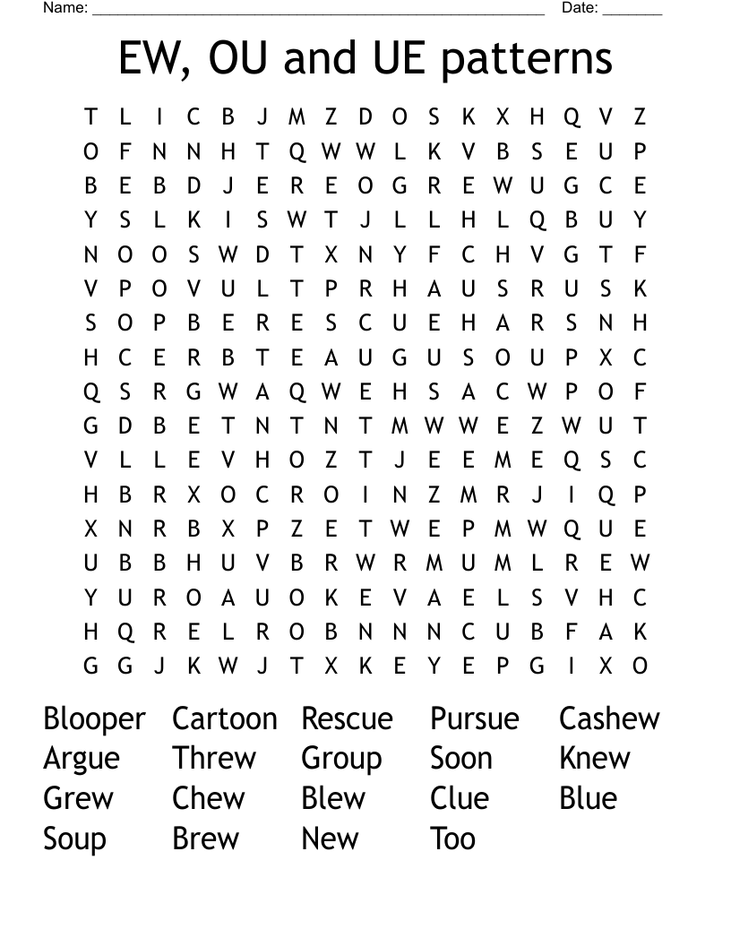 EW, OU and UE patterns Word Search