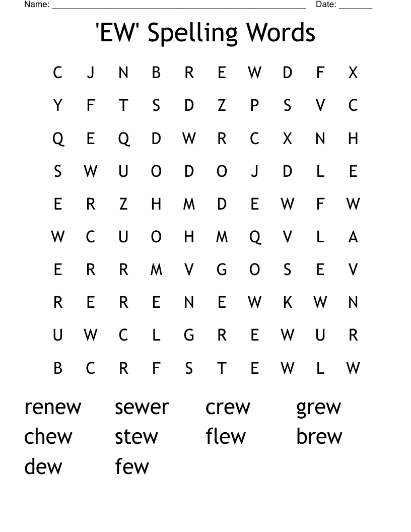 'EW' Spelling Words Word Search