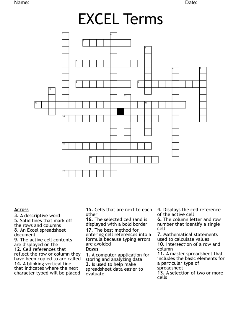 EXCEL Terms Crossword