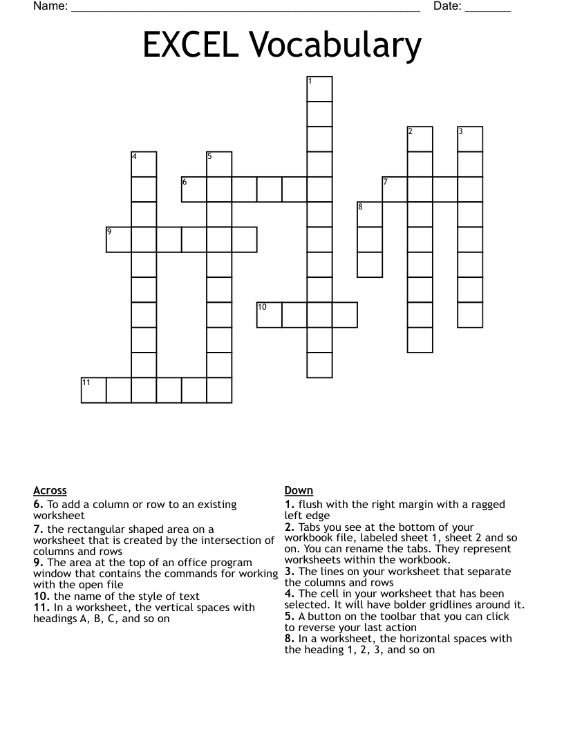 EXCEL Vocabulary Crossword