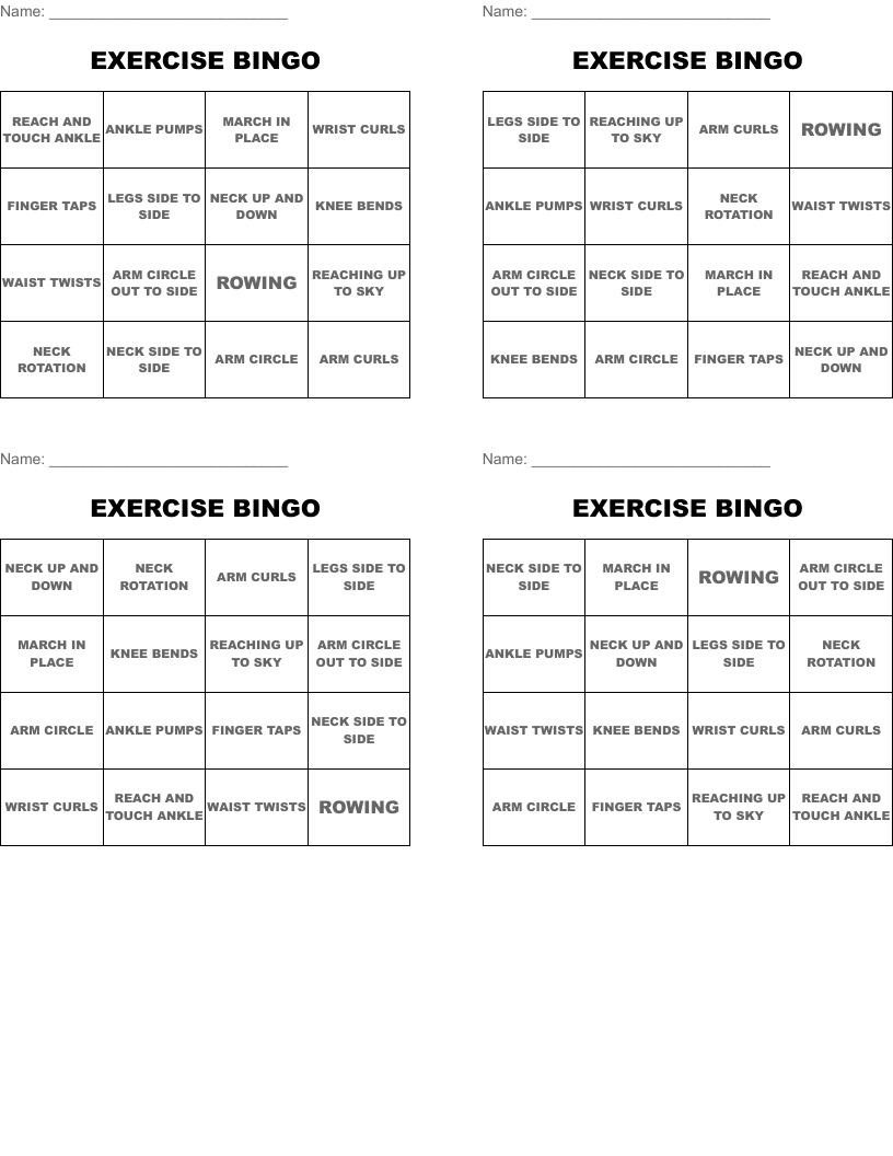 EXERCISE BINGO