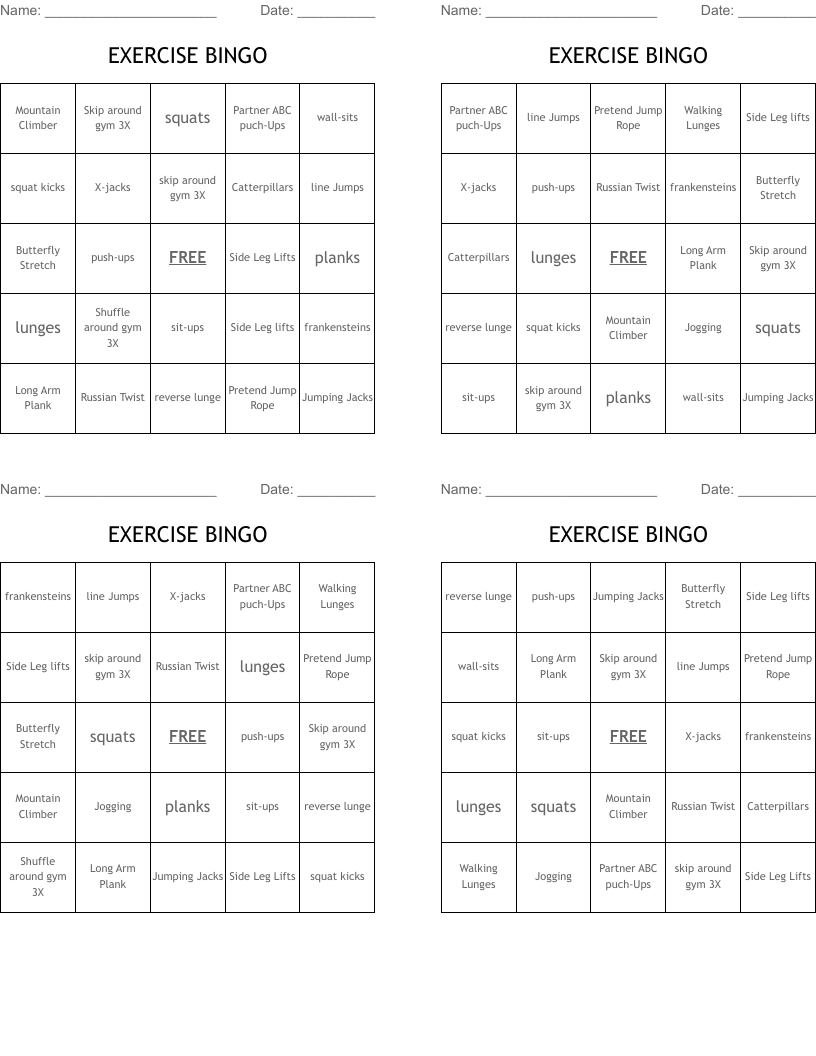 EXERCISE BINGO