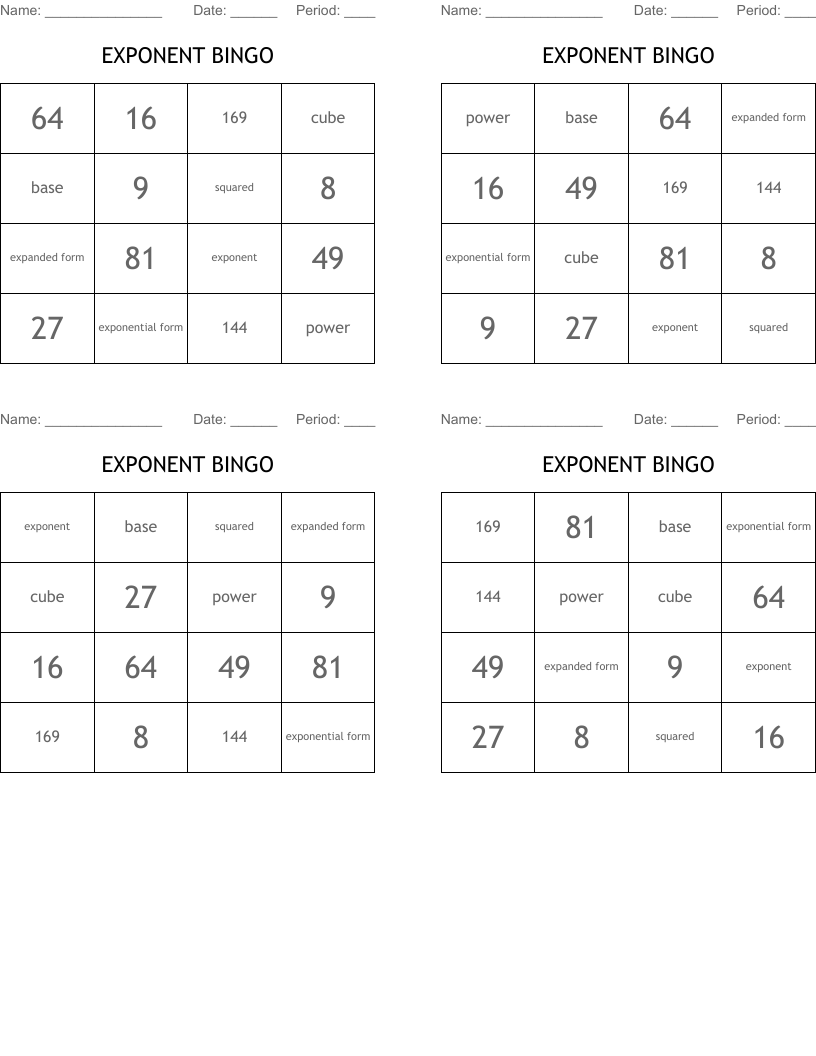 EXPONENT BINGO