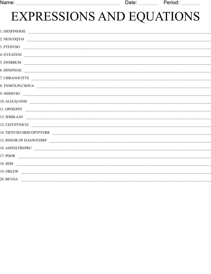 EXPRESSIONS AND EQUATIONS Word Scramble