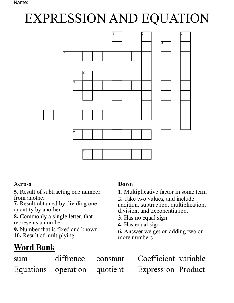 EXPRESSION AND EQUATION Crossword