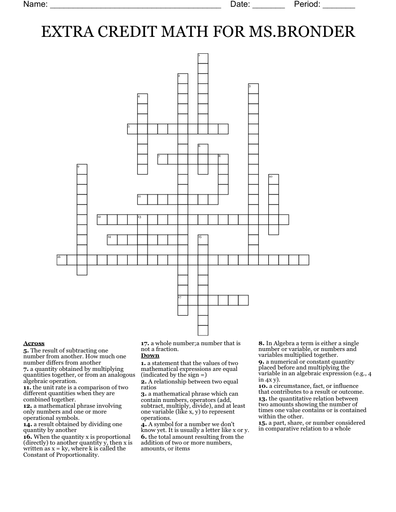 EXTRA CREDIT MATH FOR MS.BRONDER Crossword