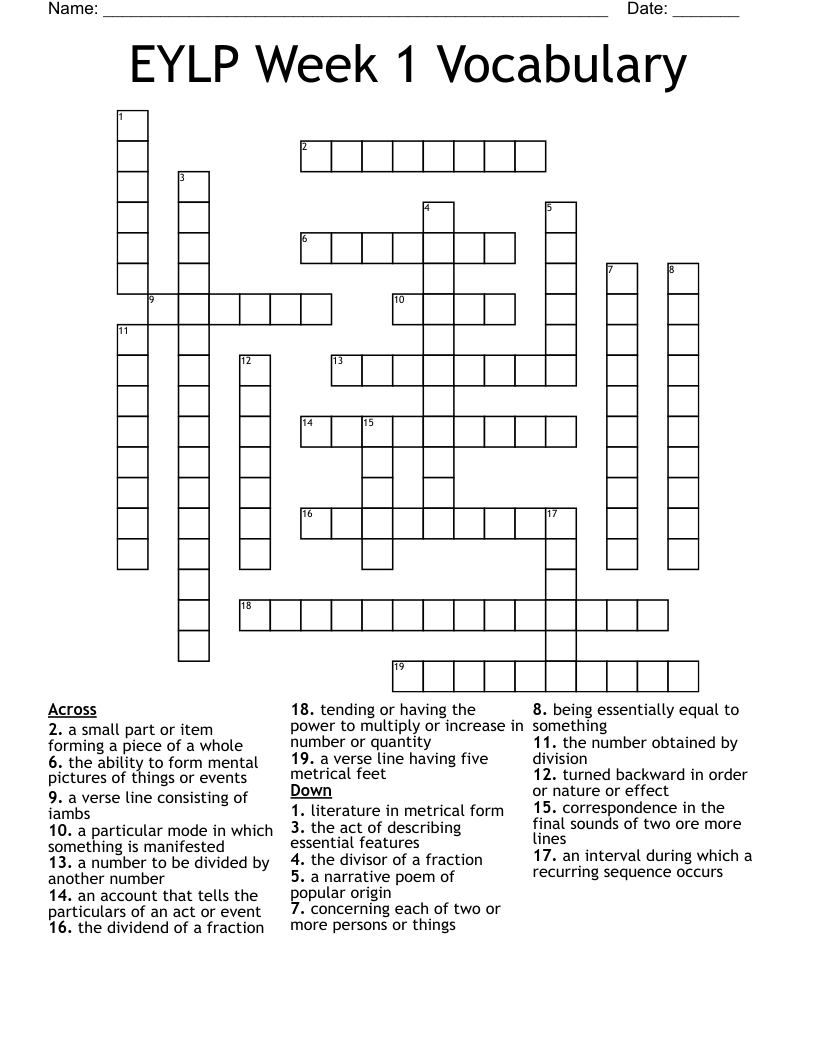 EYLP Week 1 Vocabulary Crossword